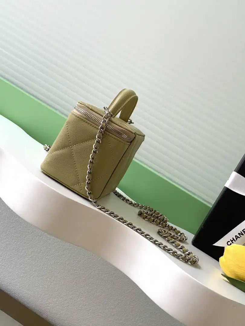 Chanel AP4933 25K Long Vanity with Chain Grained Shiny Calfskin Silver Yellow