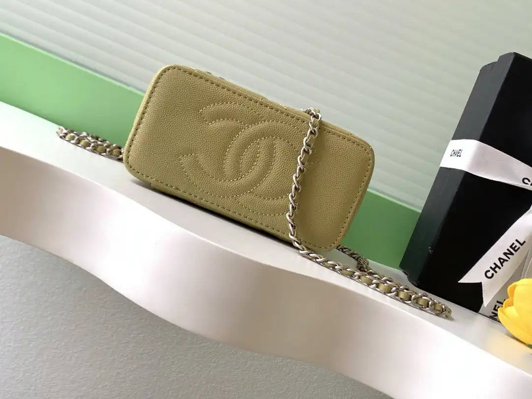 Chanel AP4933 25K Long Vanity with Chain Grained Shiny Calfskin Silver Yellow