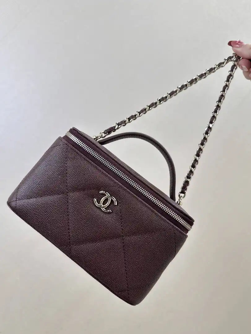 Chanel AP4933 25K Long Vanity with Chain Grained Shiny Calfskin Silver Dark Brown