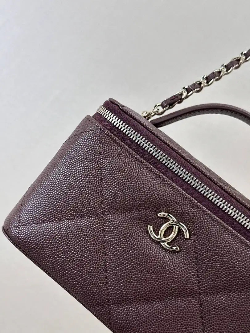 Chanel AP4933 25K Long Vanity with Chain Grained Shiny Calfskin Silver Dark Brown