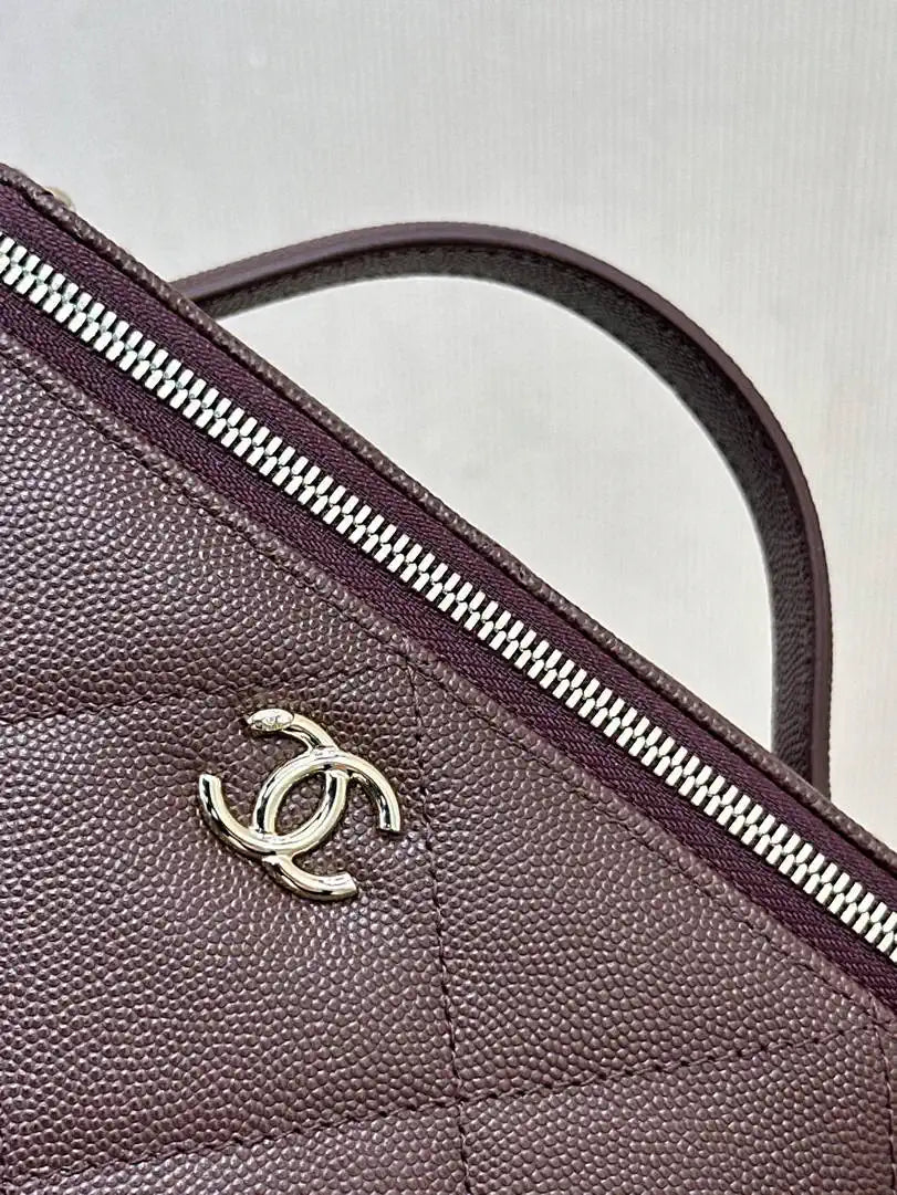 Chanel AP4933 25K Long Vanity with Chain Grained Shiny Calfskin Silver Dark Brown