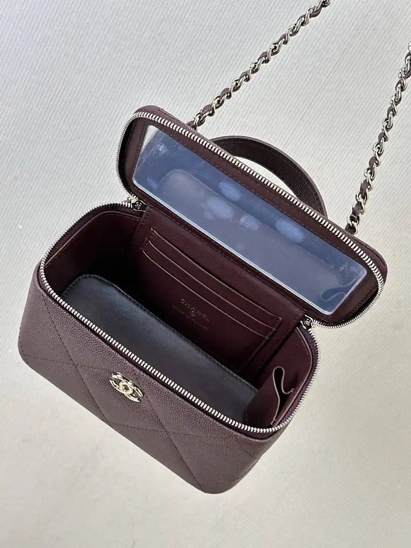 Chanel AP4933 25K Long Vanity with Chain Grained Shiny Calfskin Silver Dark Brown