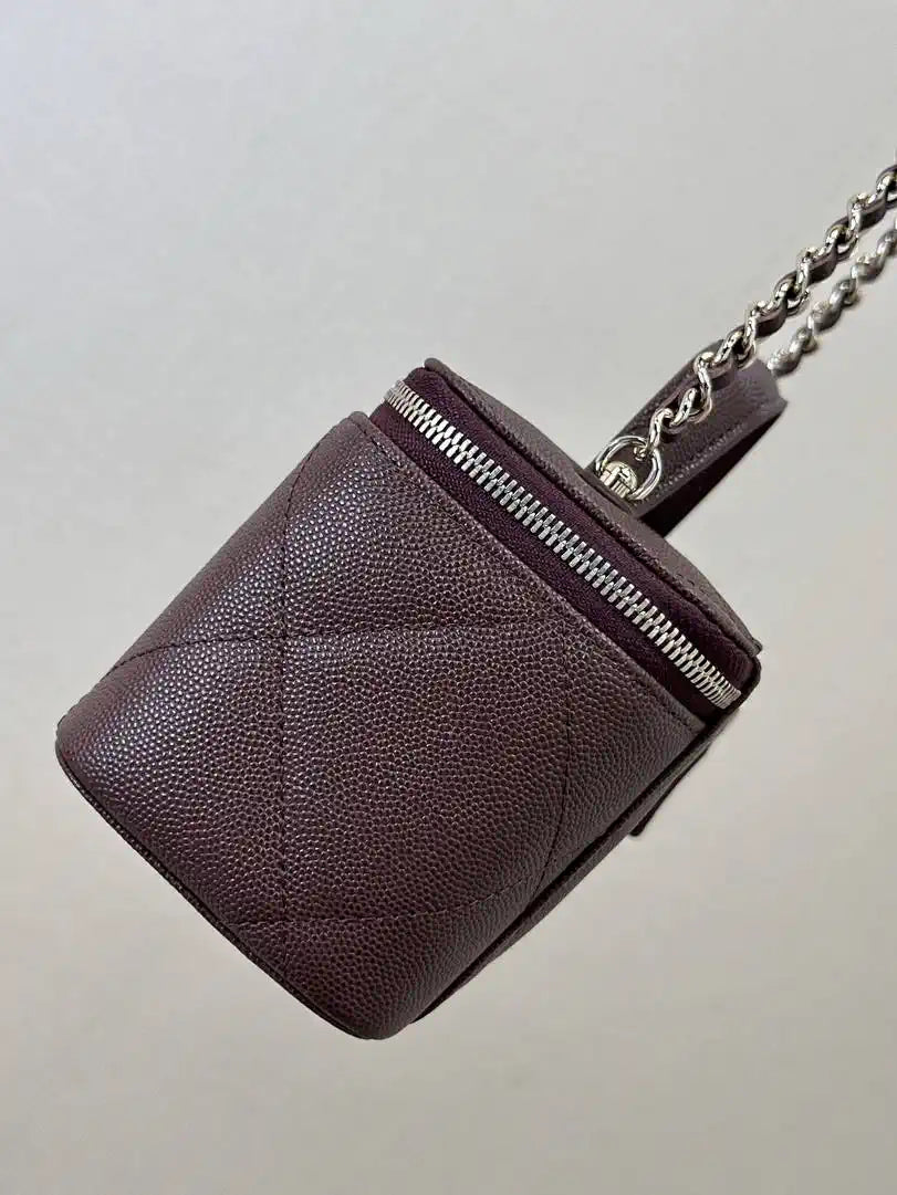 Chanel AP4933 25K Long Vanity with Chain Grained Shiny Calfskin Silver Dark Brown