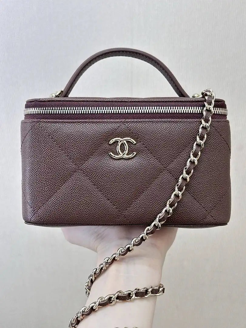 Chanel AP4933 25K Long Vanity with Chain Grained Shiny Calfskin Silver Dark Brown
