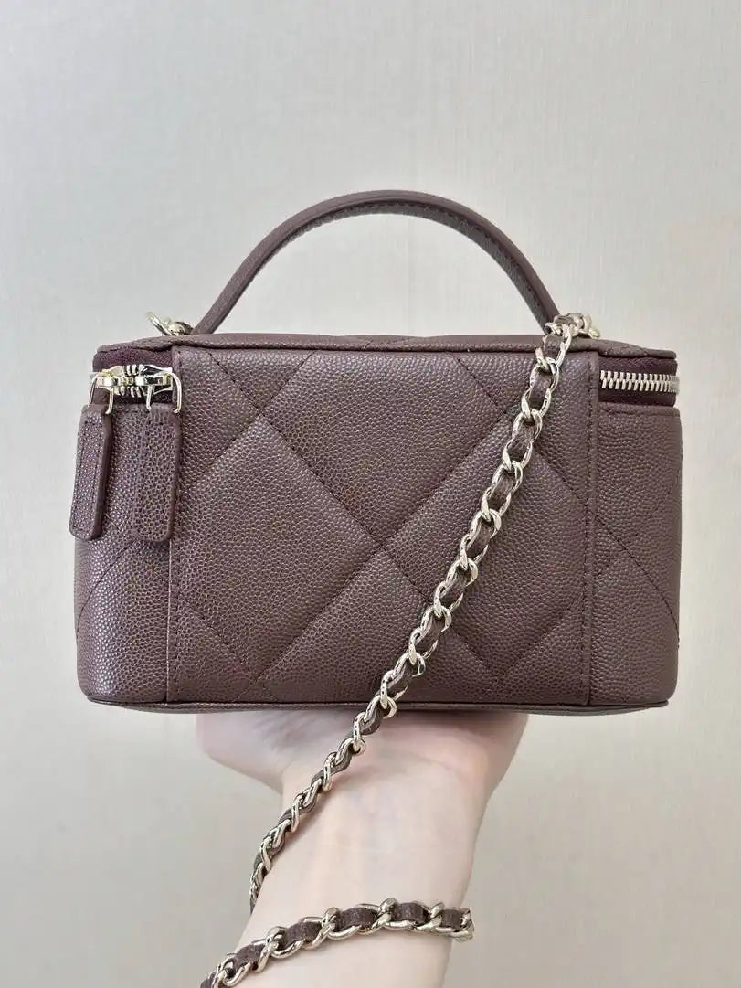 Chanel AP4933 25K Long Vanity with Chain Grained Shiny Calfskin Silver Dark Brown