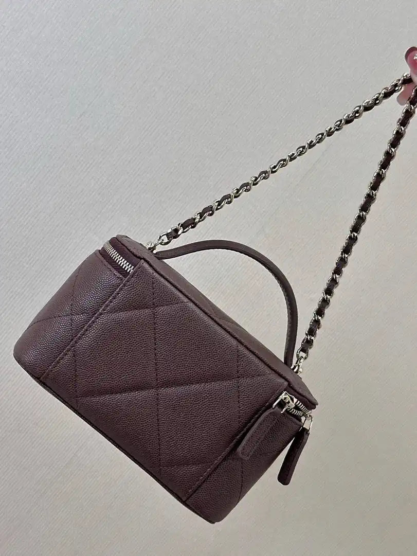 Chanel AP4933 25K Long Vanity with Chain Grained Shiny Calfskin Silver Dark Brown