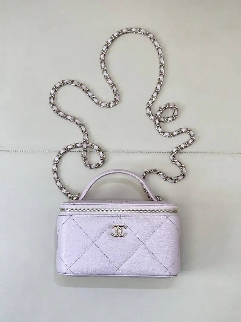 Chanel AP4933 25K Long Vanity with Chain Grained Shiny Calfskin Silver Light Purple