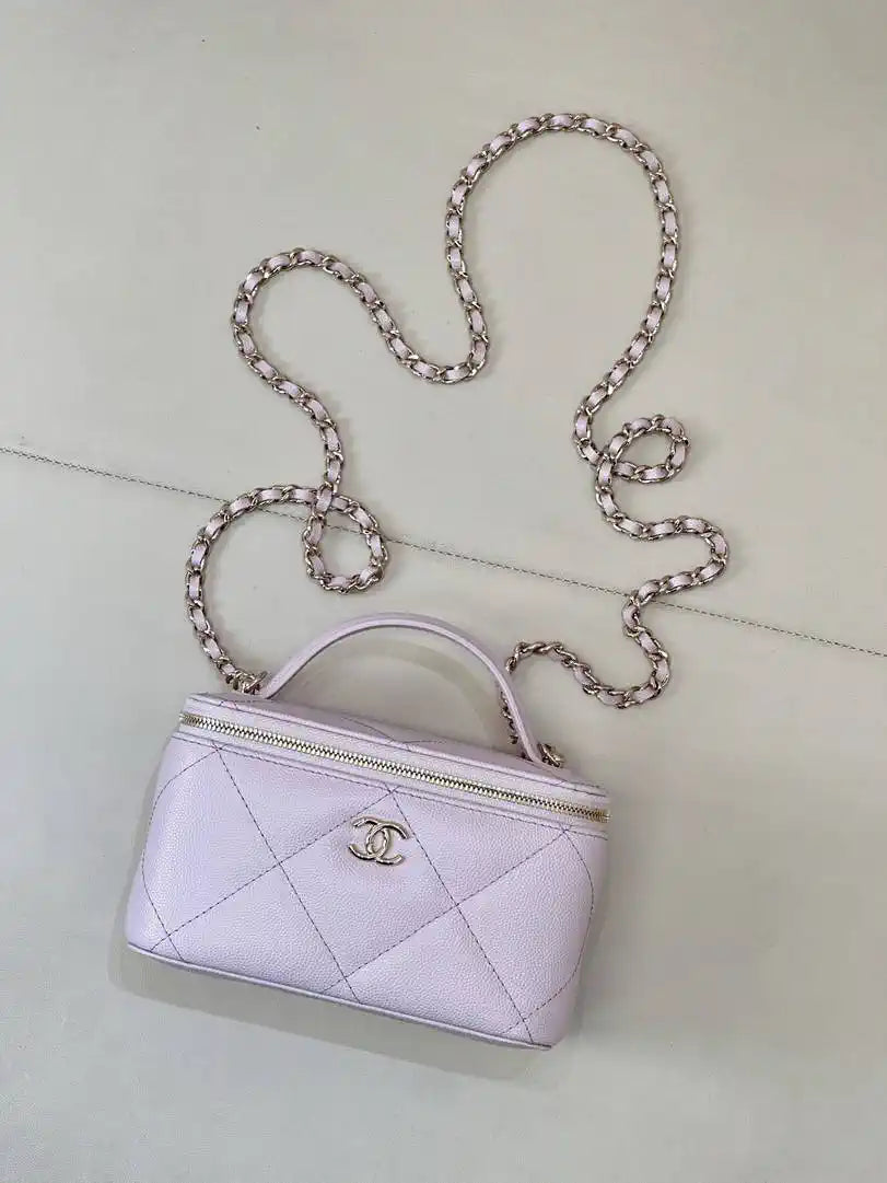 Chanel AP4933 25K Long Vanity with Chain Grained Shiny Calfskin Silver Light Purple