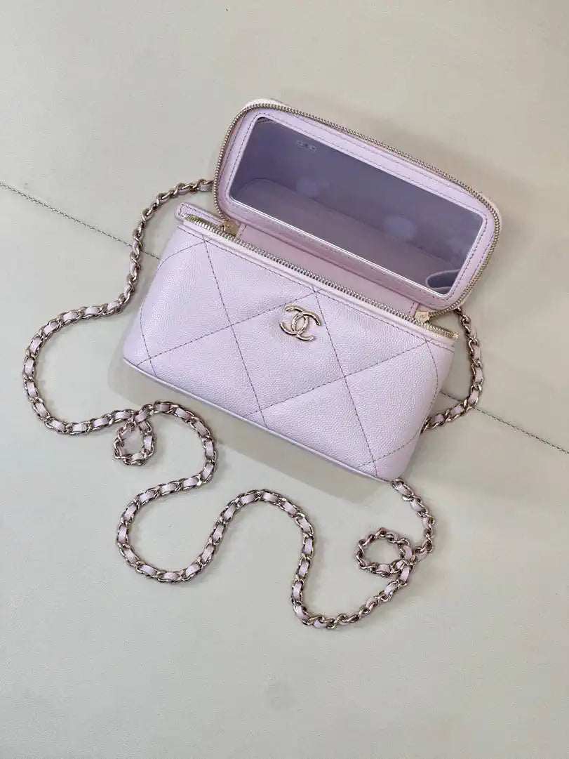 Chanel AP4933 25K Long Vanity with Chain Grained Shiny Calfskin Silver Light Purple