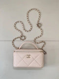 Chanel AP4933 25K Long Vanity with Chain Grained Shiny Calfskin Silver Apricot