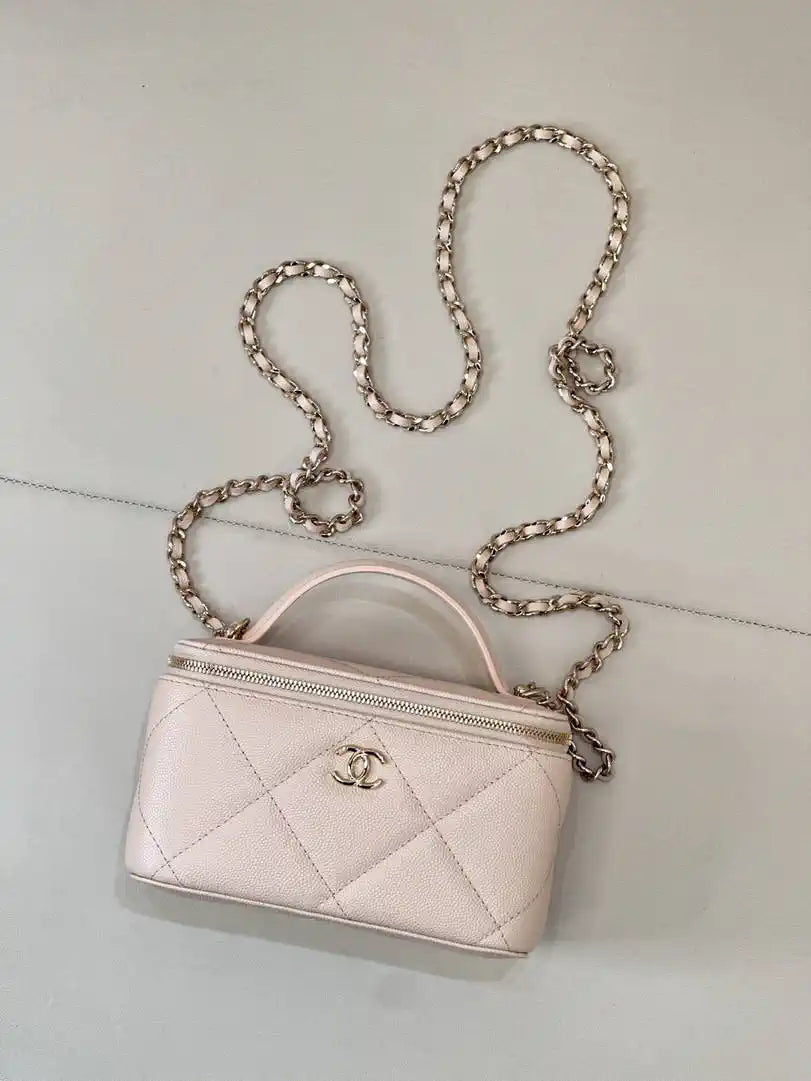 Chanel AP4933 25K Long Vanity with Chain Grained Shiny Calfskin Silver Apricot