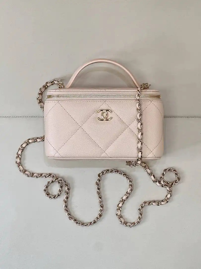 Chanel AP4933 25K Long Vanity with Chain Grained Shiny Calfskin Silver Apricot