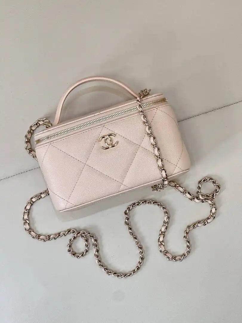 Chanel AP4933 25K Long Vanity with Chain Grained Shiny Calfskin Silver Apricot