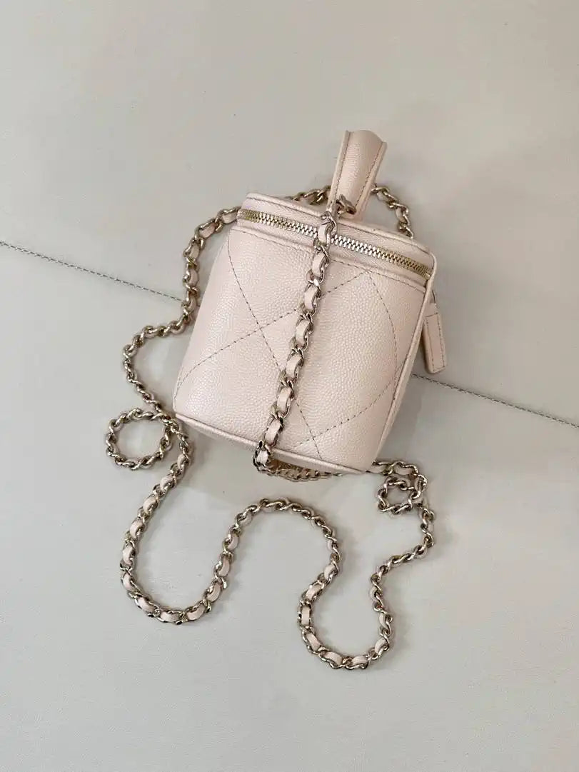 Chanel AP4933 25K Long Vanity with Chain Grained Shiny Calfskin Silver Apricot