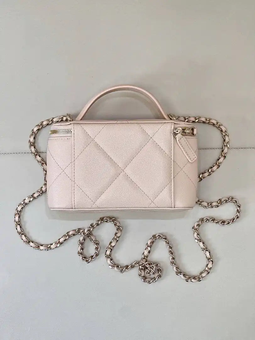 Chanel AP4933 25K Long Vanity with Chain Grained Shiny Calfskin Silver Apricot
