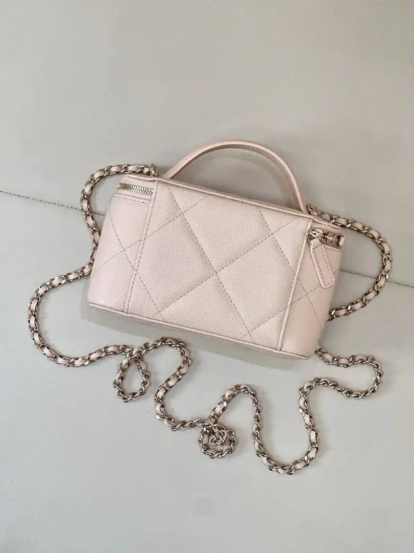 Chanel AP4933 25K Long Vanity with Chain Grained Shiny Calfskin Silver Apricot