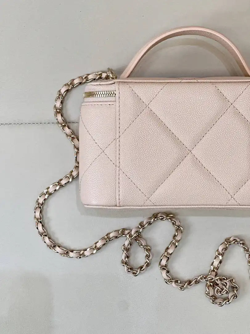 Chanel AP4933 25K Long Vanity with Chain Grained Shiny Calfskin Silver Apricot