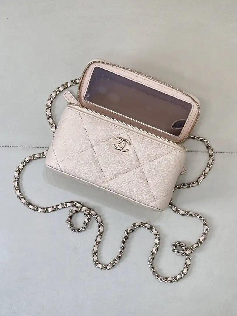 Chanel AP4933 25K Long Vanity with Chain Grained Shiny Calfskin Silver Apricot