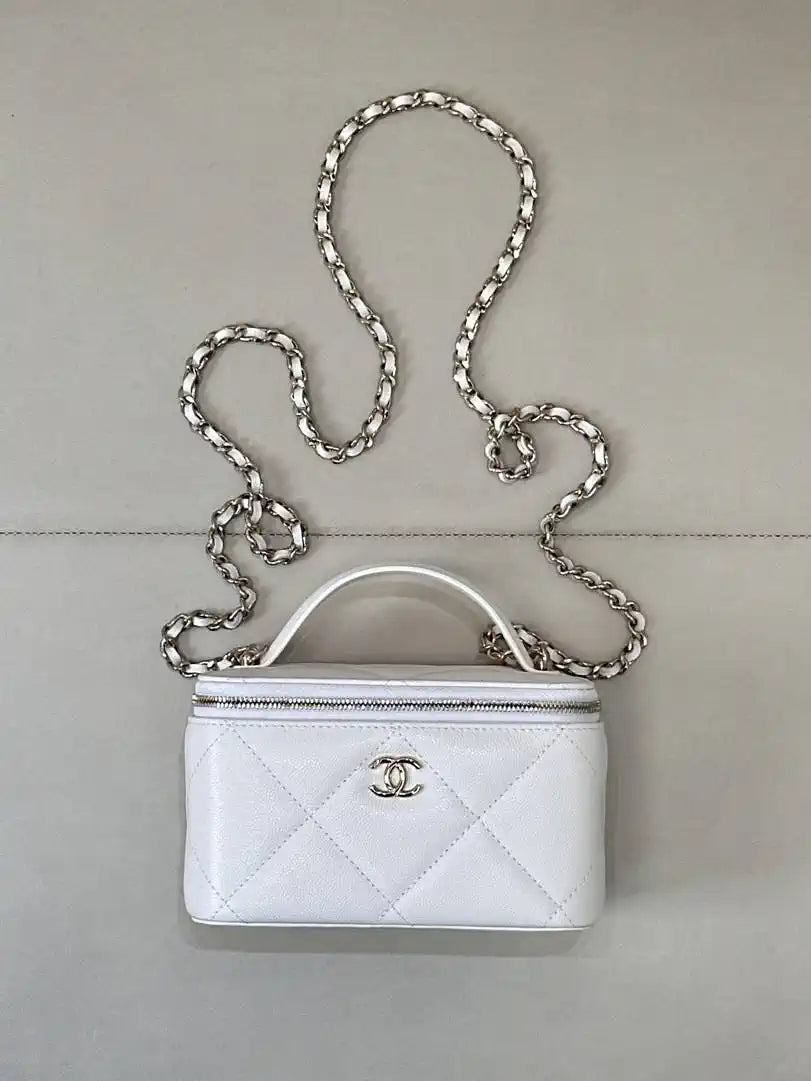 Chanel AP4933 25K Long Vanity with Chain Grained Shiny Calfskin Silver White