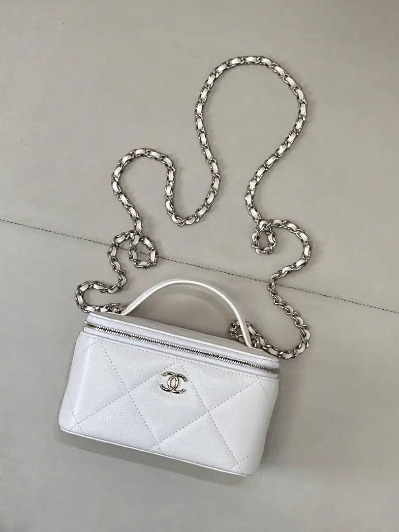 Chanel AP4933 25K Long Vanity with Chain Grained Shiny Calfskin Silver White