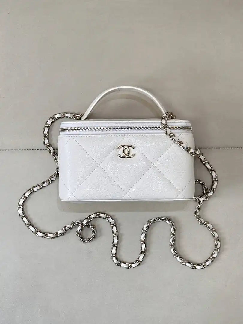 Chanel AP4933 25K Long Vanity with Chain Grained Shiny Calfskin Silver White