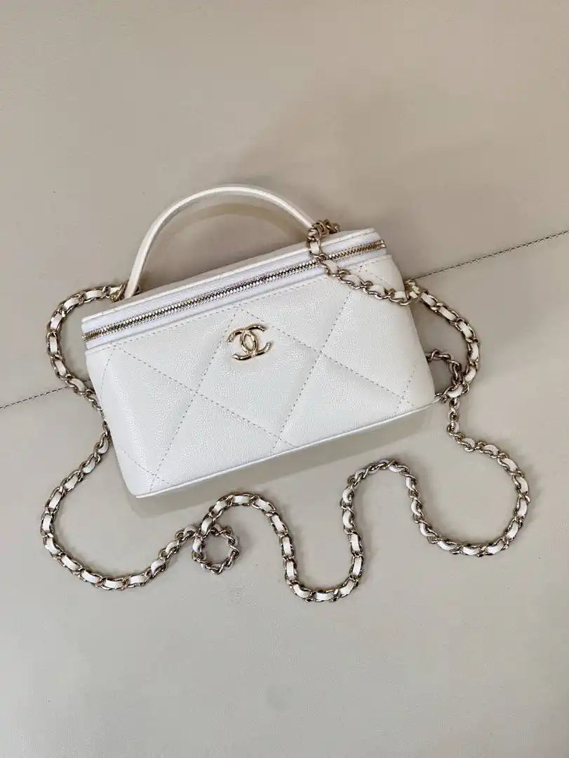 Chanel AP4933 25K Long Vanity with Chain Grained Shiny Calfskin Silver White
