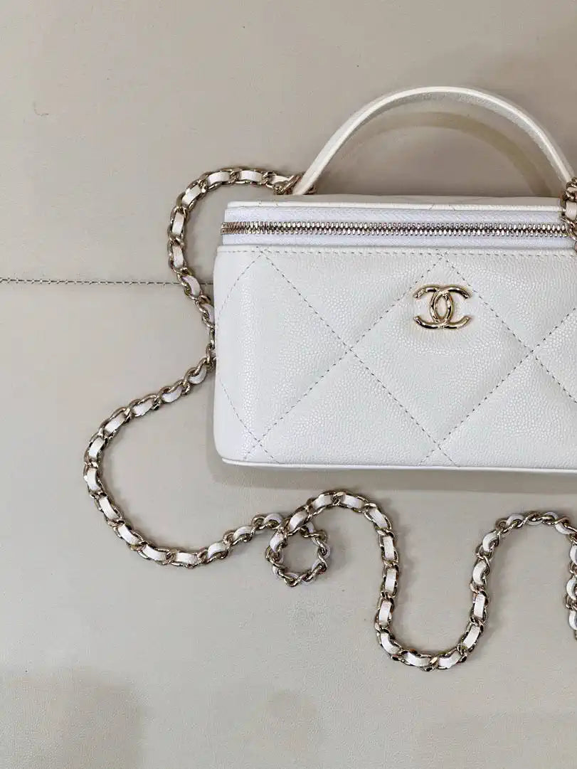 Chanel AP4933 25K Long Vanity with Chain Grained Shiny Calfskin Silver White