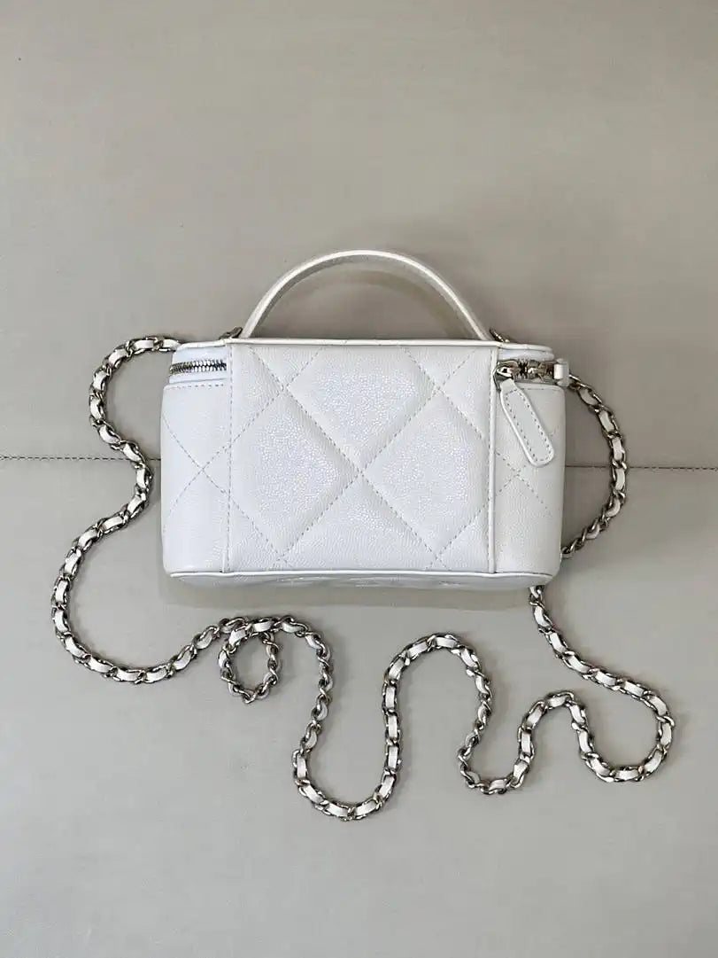 Chanel AP4933 25K Long Vanity with Chain Grained Shiny Calfskin Silver White