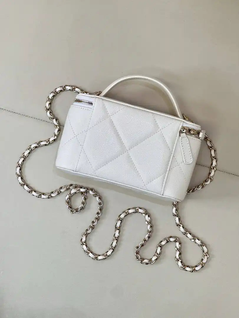 Chanel AP4933 25K Long Vanity with Chain Grained Shiny Calfskin Silver White