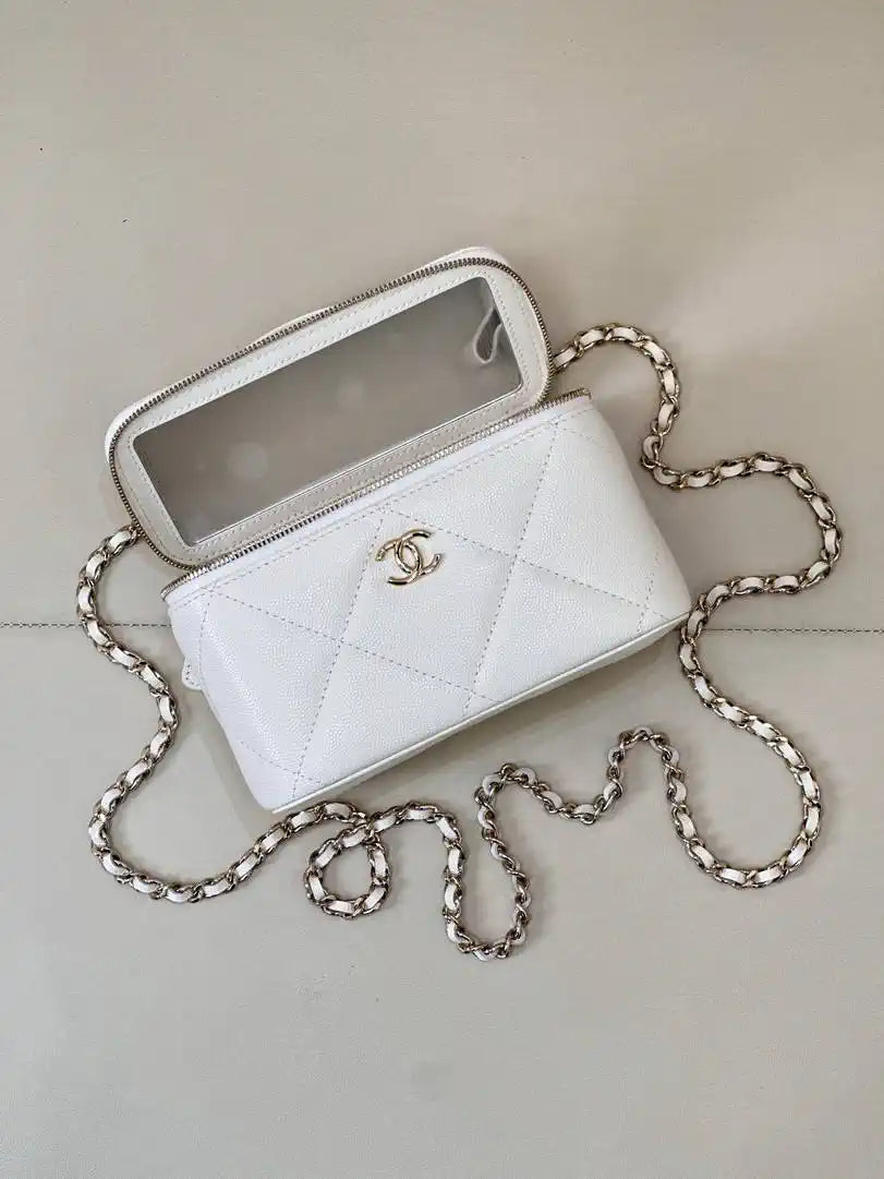 Chanel AP4933 25K Long Vanity with Chain Grained Shiny Calfskin Silver White