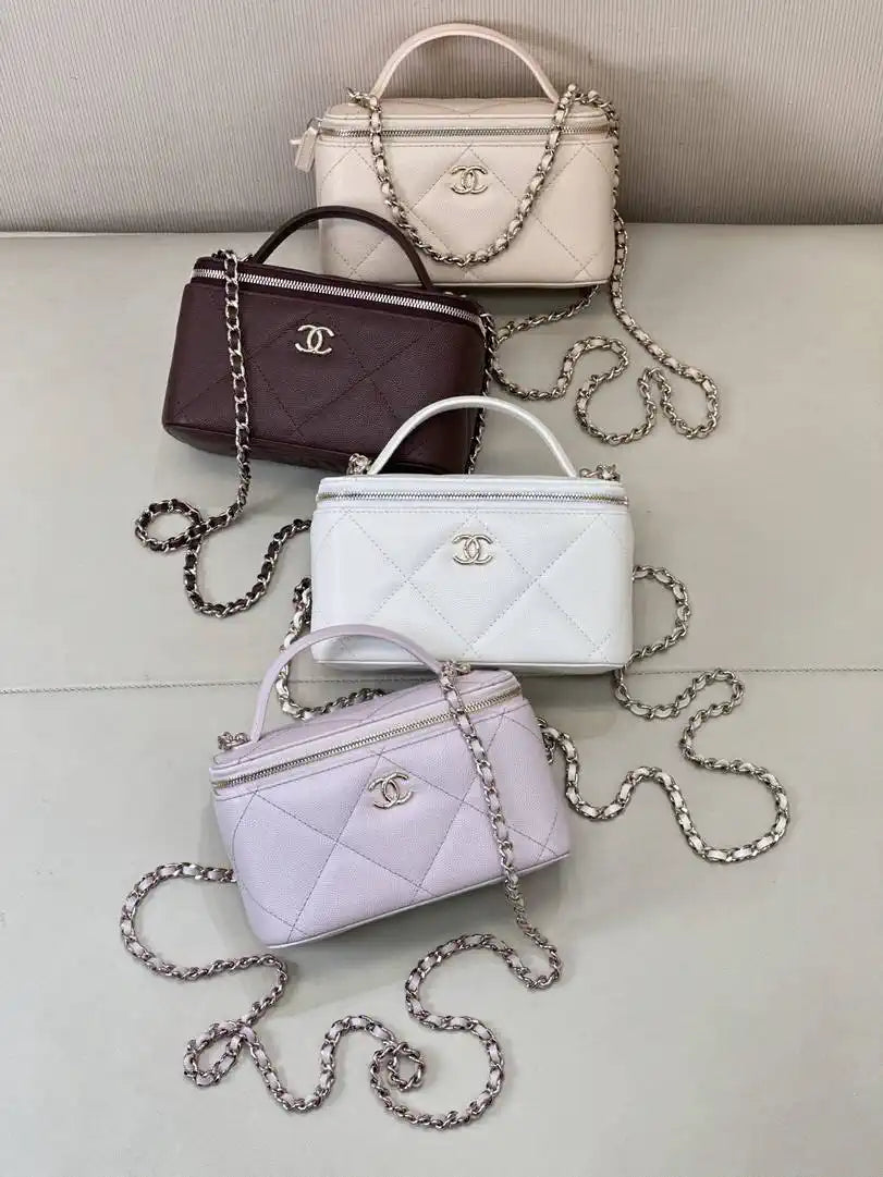 Chanel AP4933 25K Long Vanity with Chain Grained Shiny Calfskin Silver White