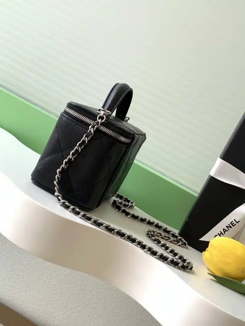 Chanel AP4933 25K Long Vanity with Chain Grained Shiny Calfskin Silver Black