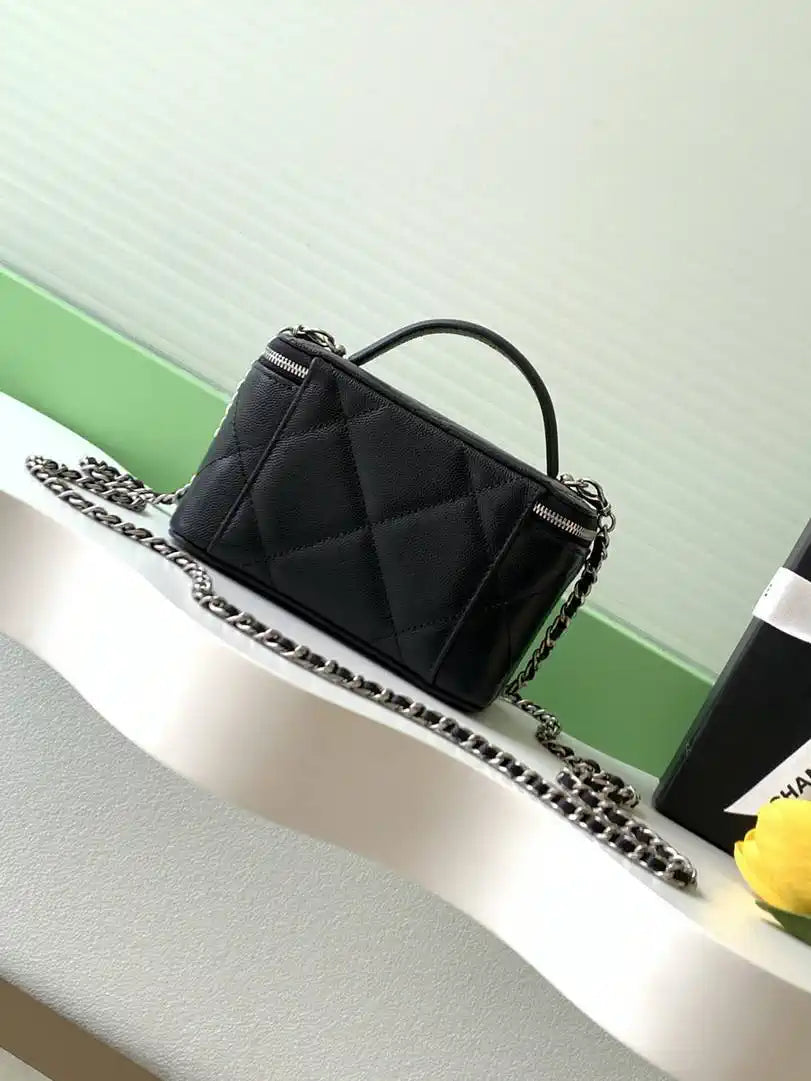 Chanel AP4933 25K Long Vanity with Chain Grained Shiny Calfskin Silver Black