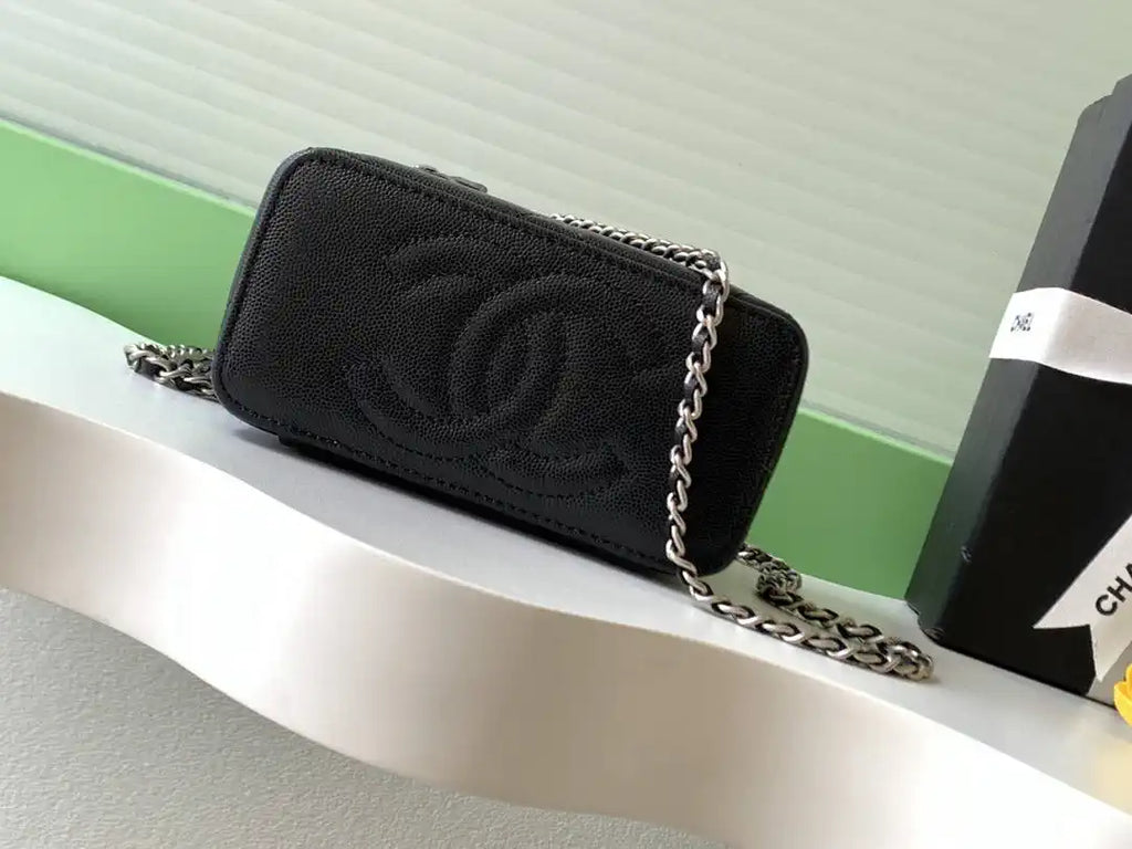 Chanel AP4933 25K Long Vanity with Chain Grained Shiny Calfskin Silver Black