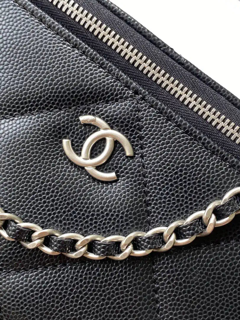Chanel AP4933 25K Long Vanity with Chain Grained Shiny Calfskin Silver Black