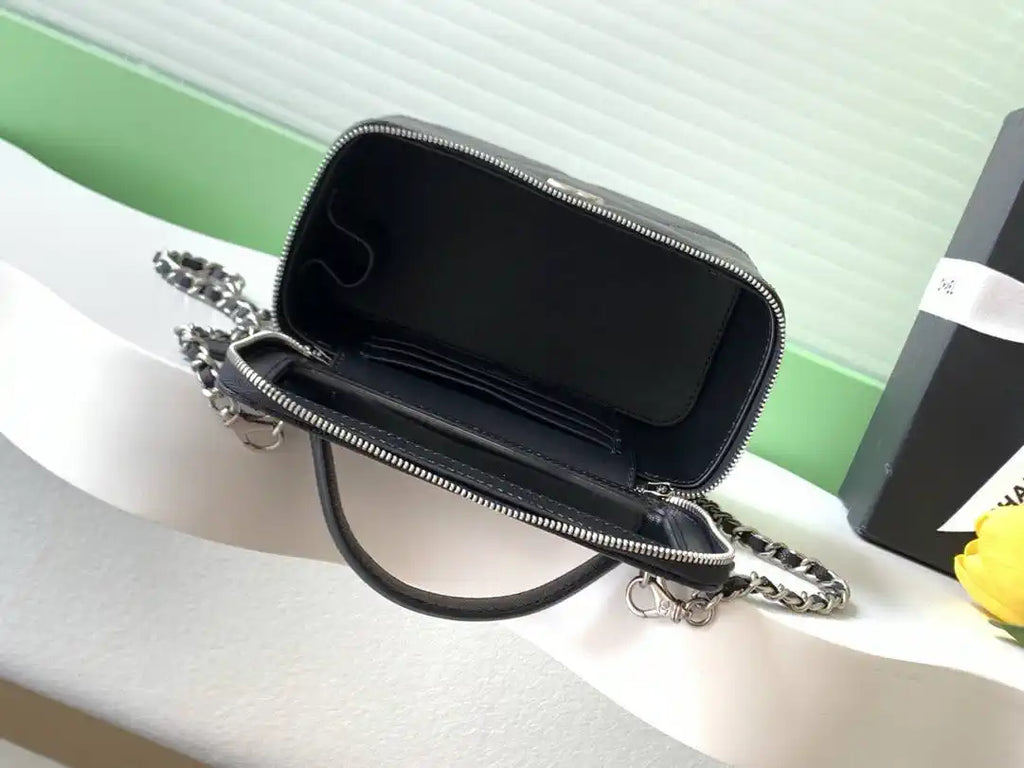 Chanel AP4933 25K Long Vanity with Chain Grained Shiny Calfskin Silver Black