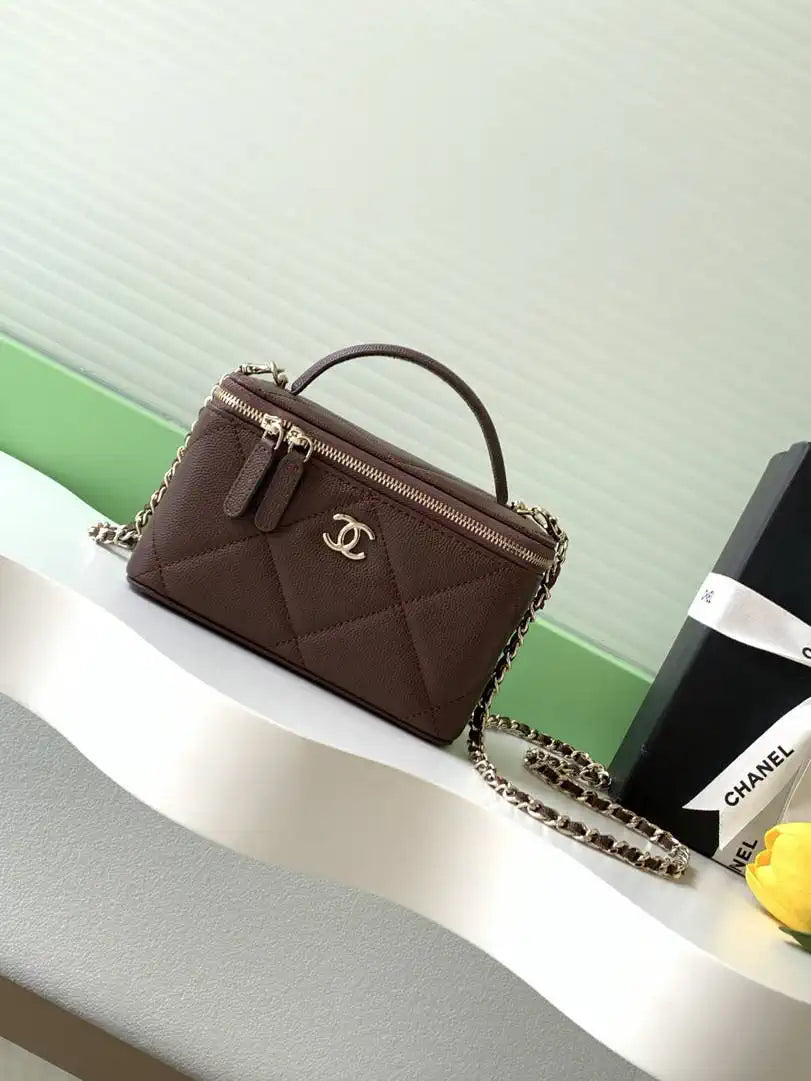 Chanel AP4933 Long Vanity with Chain Grained Shiny Calfskin Dark Brown