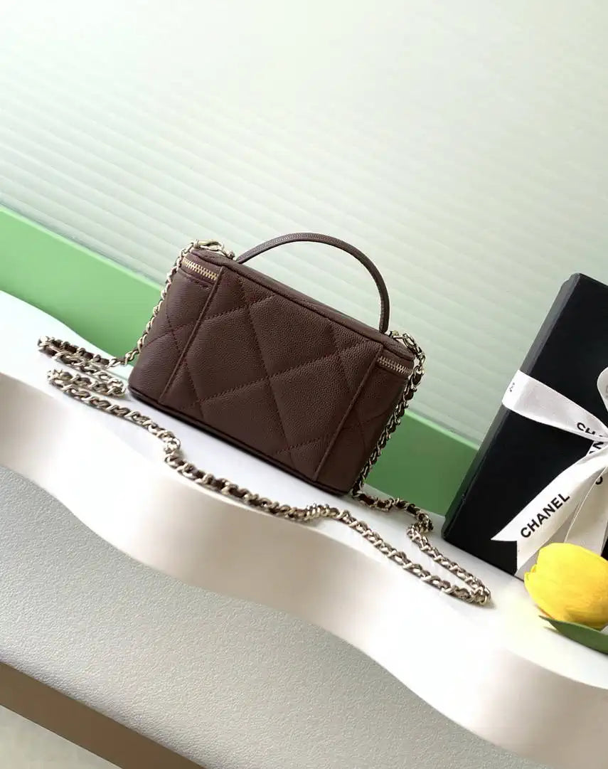 Chanel AP4933 Long Vanity with Chain Grained Shiny Calfskin Dark Brown