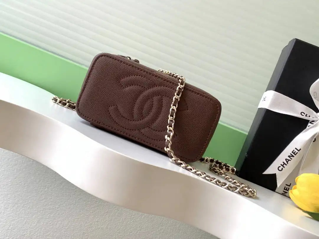Chanel AP4933 Long Vanity with Chain Grained Shiny Calfskin Dark Brown