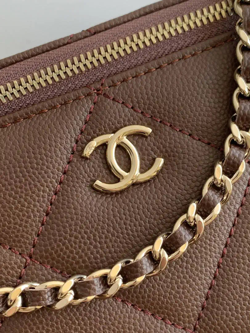 Chanel AP4933 Long Vanity with Chain Grained Shiny Calfskin Dark Brown