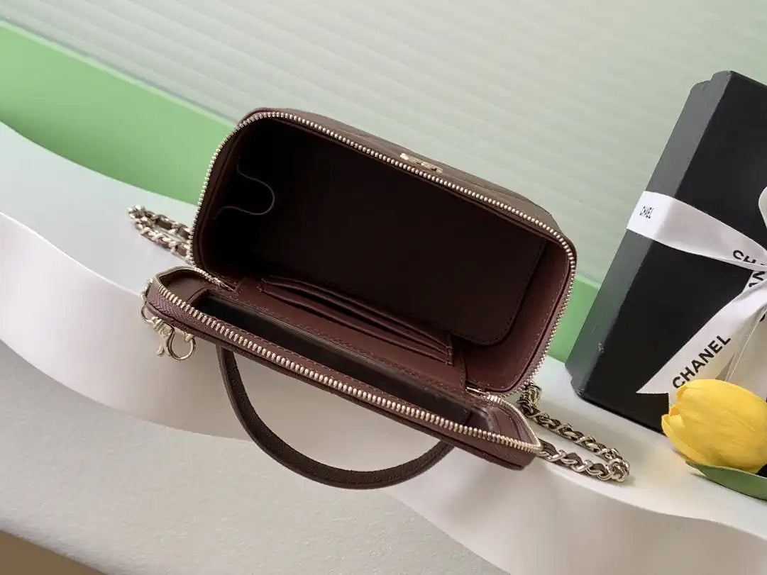 Chanel AP4933 Long Vanity with Chain Grained Shiny Calfskin Dark Brown
