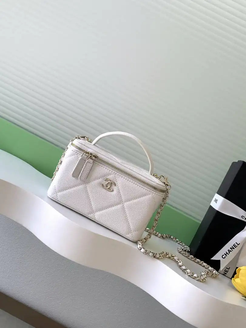 Chanel AP4933 Long Vanity with Chain Grained Shiny Calfskin White