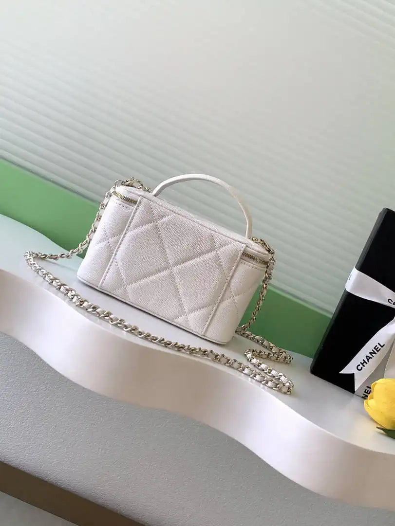 Chanel AP4933 Long Vanity with Chain Grained Shiny Calfskin White