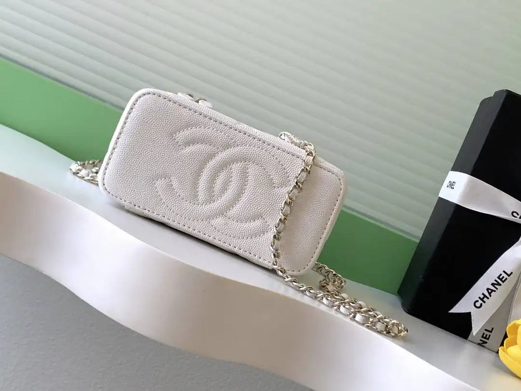Chanel AP4933 Long Vanity with Chain Grained Shiny Calfskin White