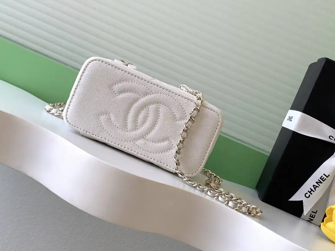 Chanel AP4933 Long Vanity with Chain Grained Shiny Calfskin White