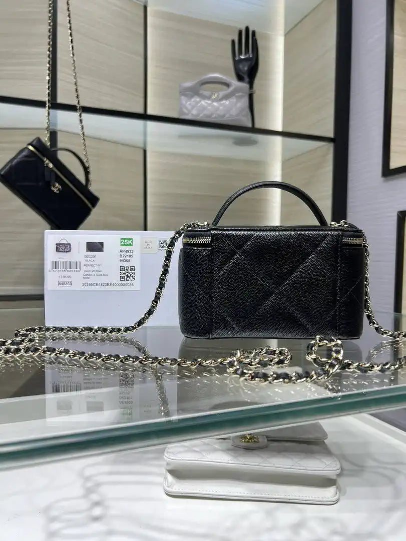 Chanel AP4933 Long Vanity with Chain Grained Shiny Calfskin Black