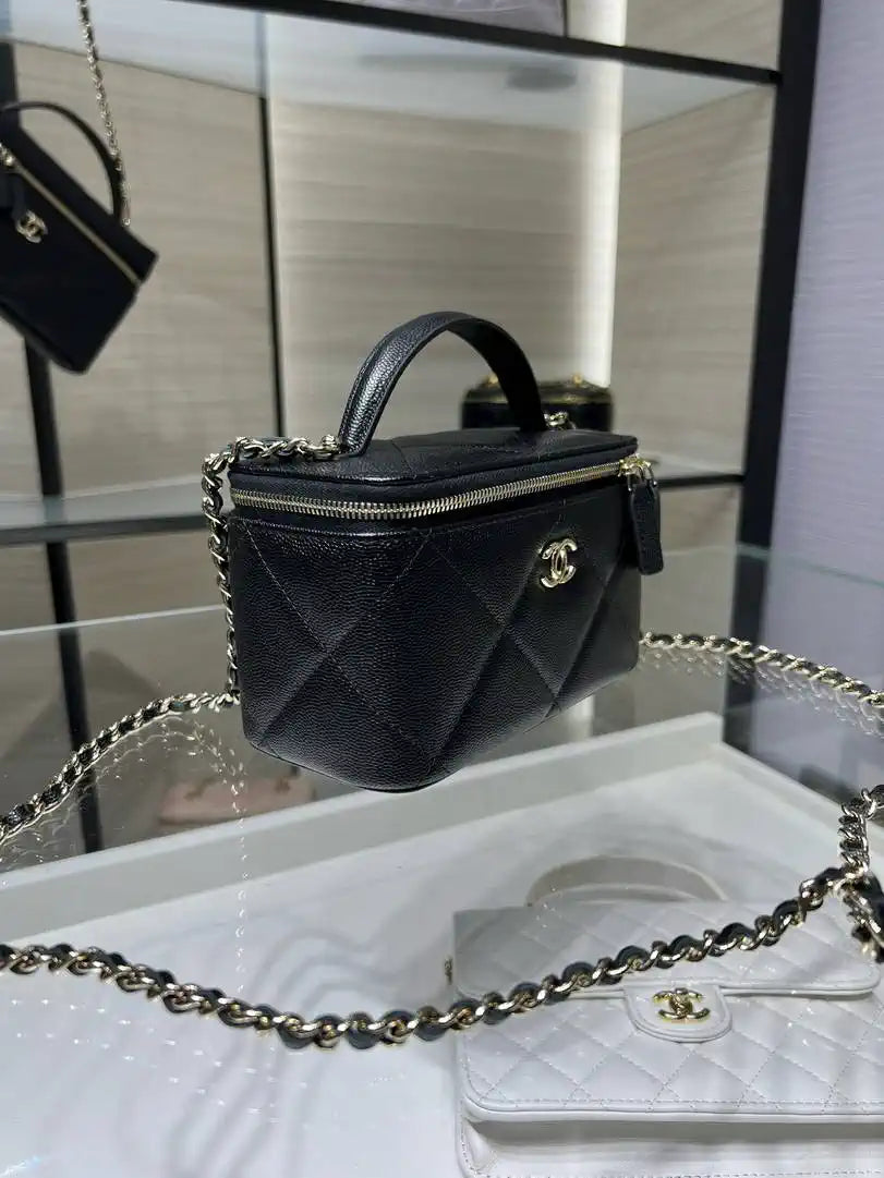 Chanel AP4933 Long Vanity with Chain Grained Shiny Calfskin Black