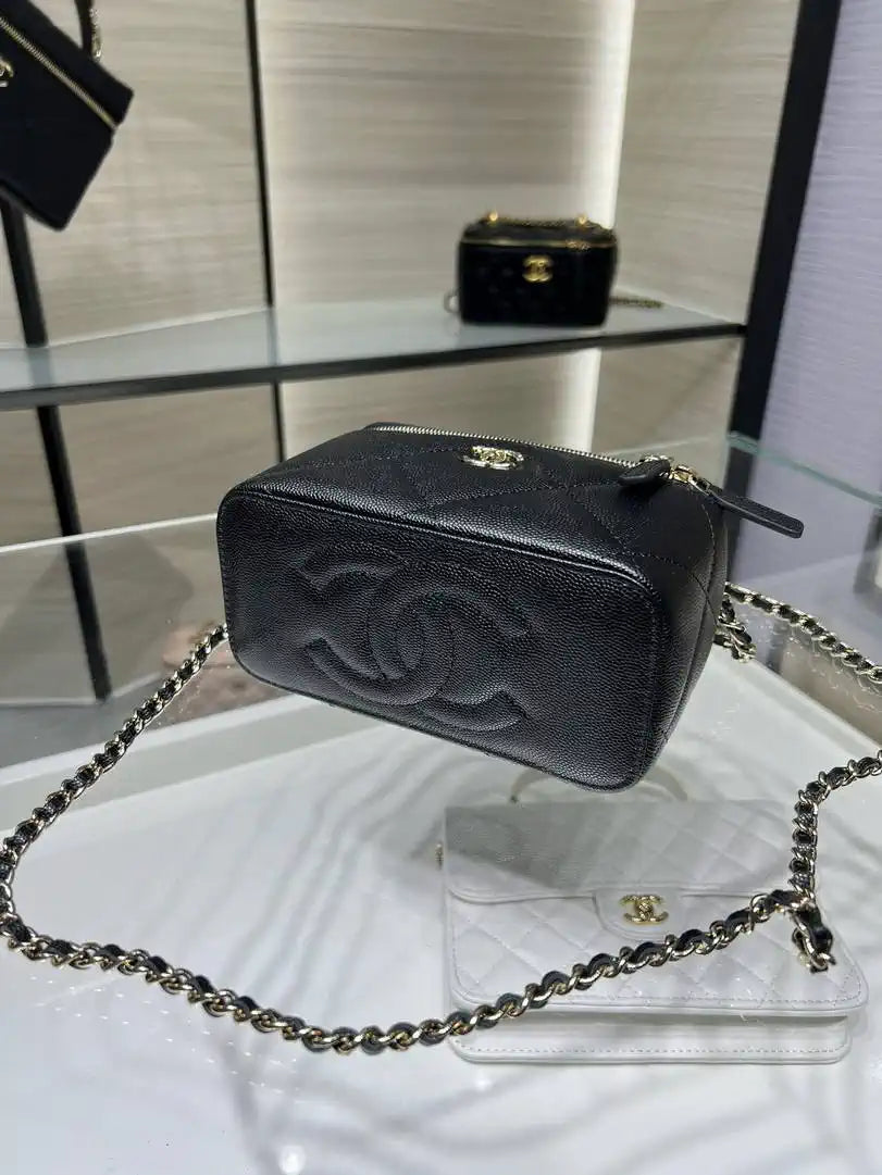 Chanel AP4933 Long Vanity with Chain Grained Shiny Calfskin Black