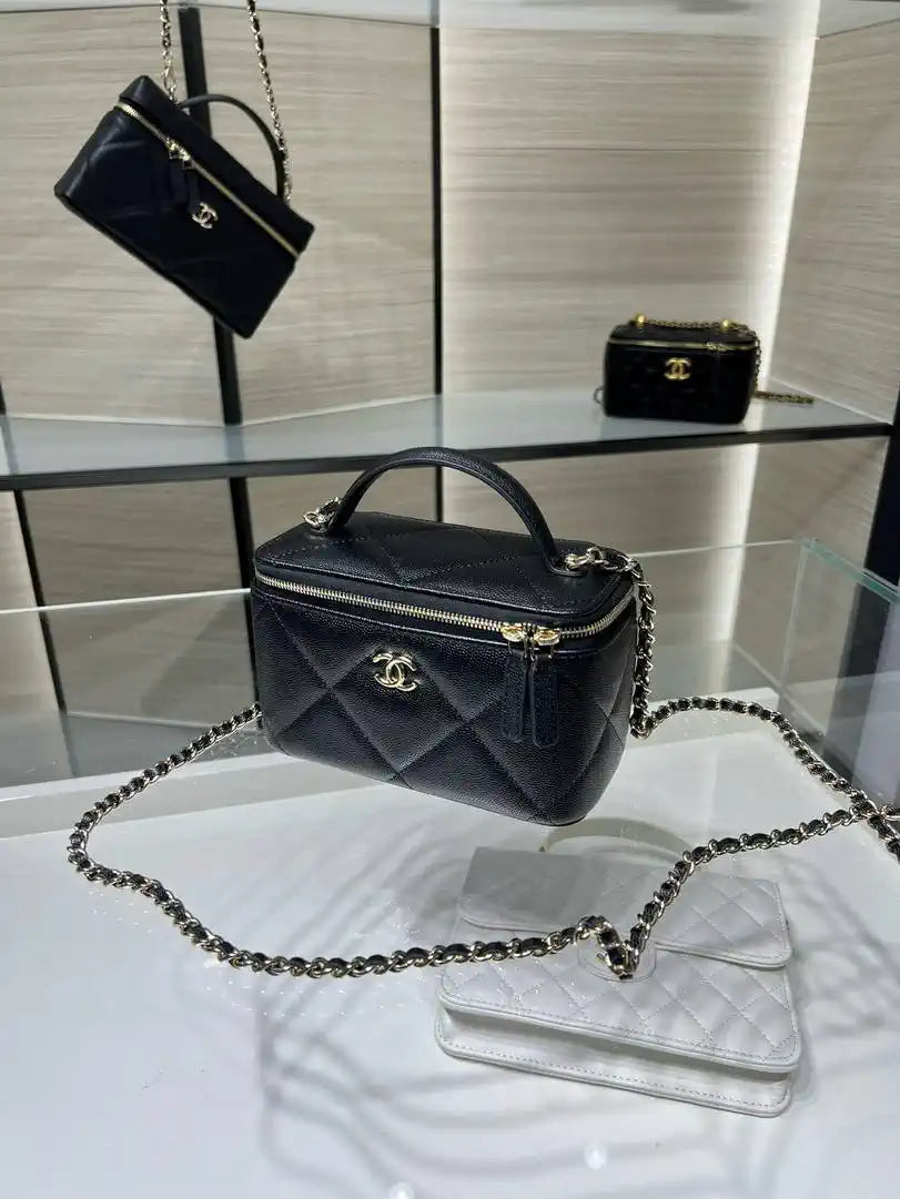 Chanel AP4933 Long Vanity with Chain Grained Shiny Calfskin Black