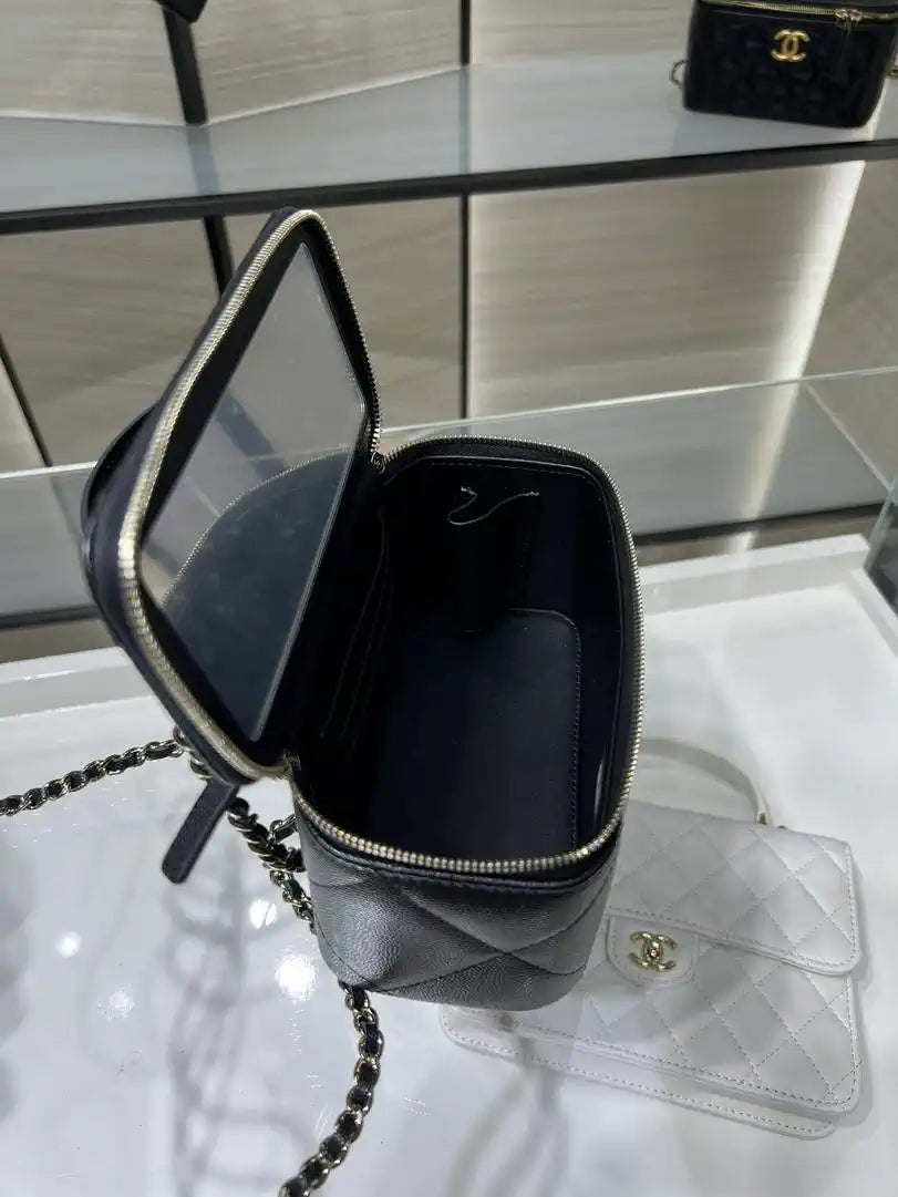 Chanel AP4933 Long Vanity with Chain Grained Shiny Calfskin Black